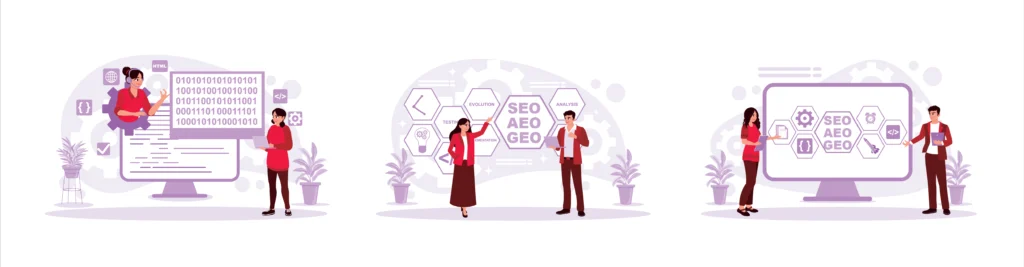 cartoon people boards seo aeo geo animated