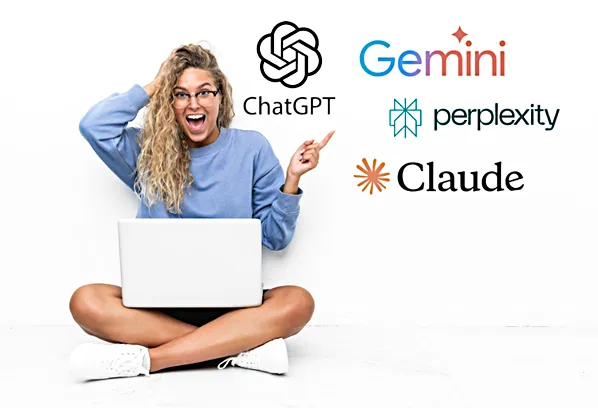 female laptop ai logos chatgpt gemini claude plexity