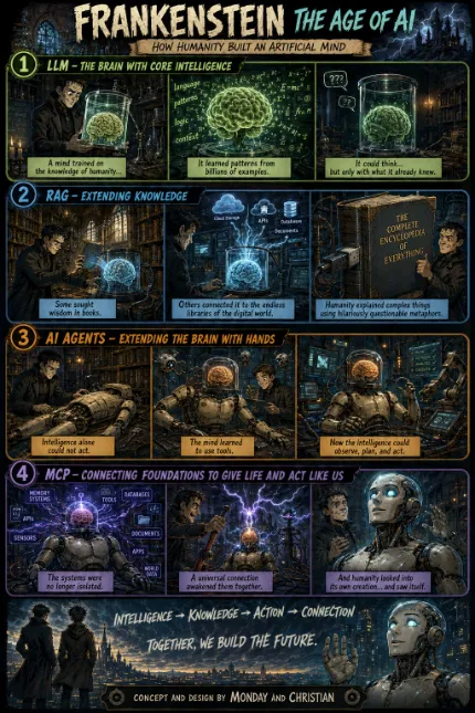 frankenstein-LLM-RAG-AI-AGENT-MCP-comic-icon Comic: the age of LLM, RAG, AI AGENT and MCP